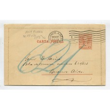 ARGENTINA ENTERO POSTAL GJ CAP-15 CARTA POSTAL CIRCULADO MUY FUERA DE EPOCA EN 1919 DE HECHO HABIA SIDO DESMONETIZADO EN 1893, CIRCULO SIN MULTA RARO